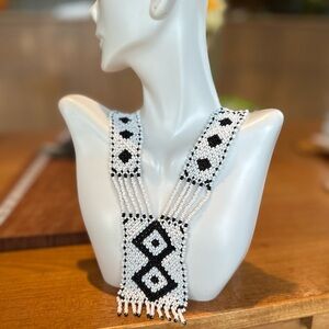 Hand Beaded BoHo Necklace Aztec Bohemian Vintage Black and White